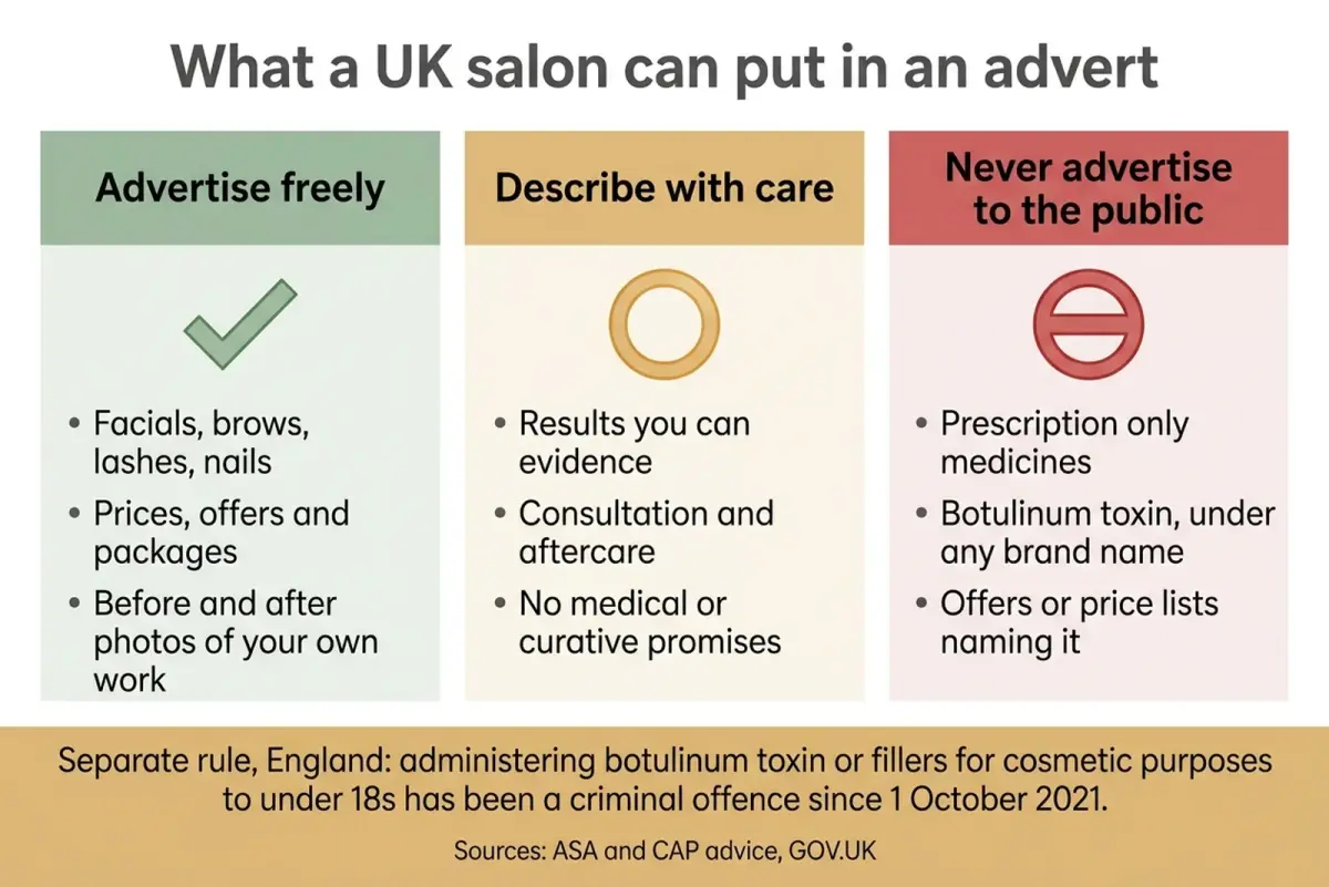 Diagram of what a salon can advertise, what needs care and what is not allowed