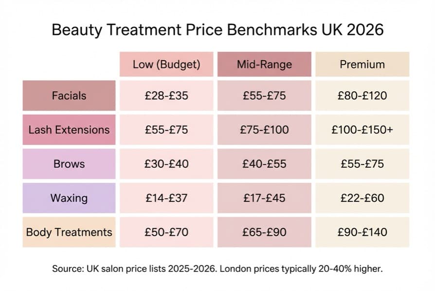 Infographic showing UK beauty salon pricing benchmarks for 2026 — facials, lash extensions, brow lamination, waxing and body treatments with Low, Mid and Premium price tiers in pounds sterling