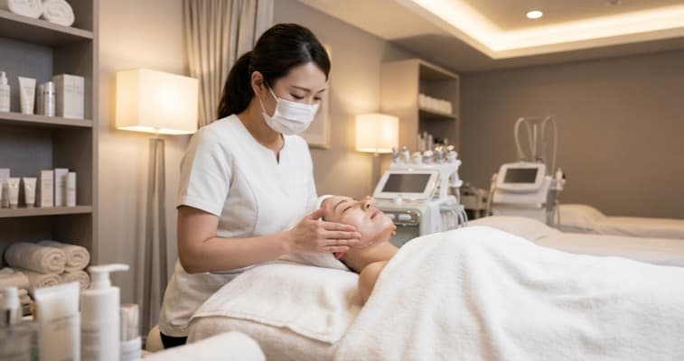 Beauty therapist performing a facial treatment on a client in a warmly lit professional treatment room