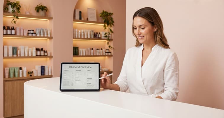 Beauty salon owner reviewing pricing menu on a tablet at a professional reception desk