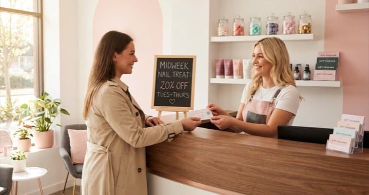 Beauty salon promotion ideas showing a nail technician preparing a promotional offer on her phone