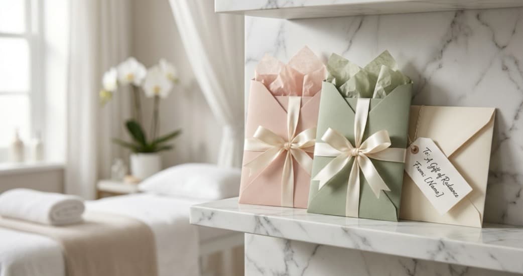 Beauty treatment vouchers in elegant packaging displayed on a salon shelf with tissue paper and ribbon