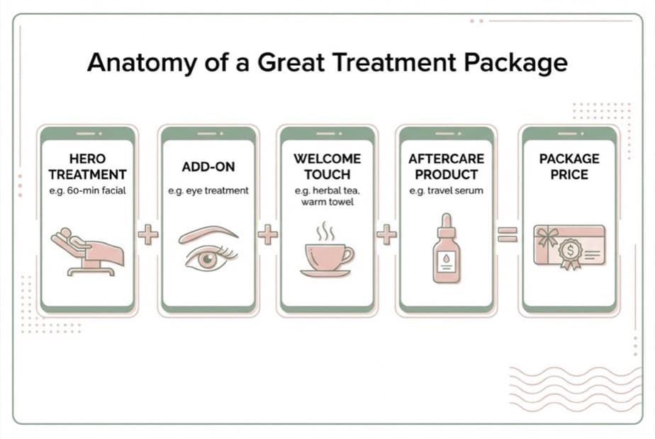 Anatomy of a Great Treatment Package infographic: Hero Treatment + Add-On + Welcome Touch + Aftercare Product = Package Price