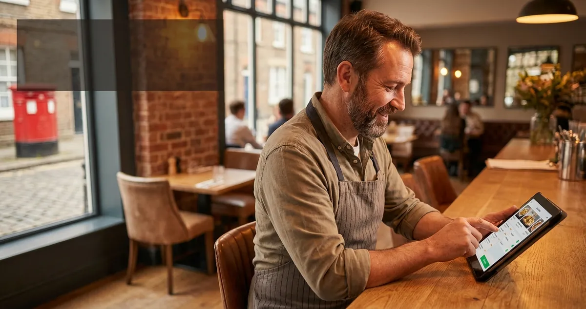 Best online ordering system for restaurant shown on tablet with kitchen in background