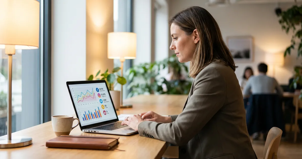 Restaurant owner reviewing marketing agency options on a laptop in a busy restaurant setting