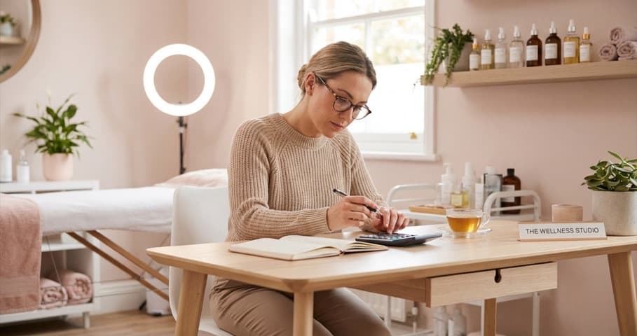 Beauty salon owner working through treatment pricing with a calculator and notebook