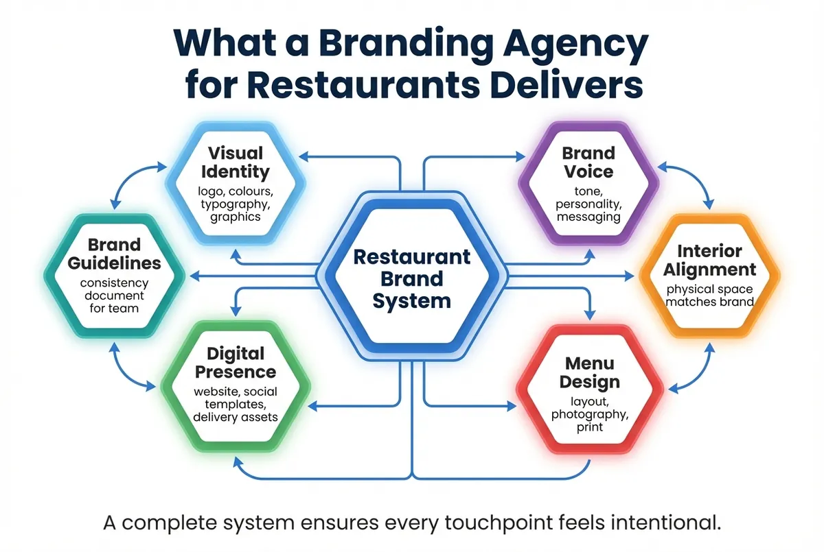 Six-component branding system showing visual identity, brand voice, interior, menu, digital, and guidelines