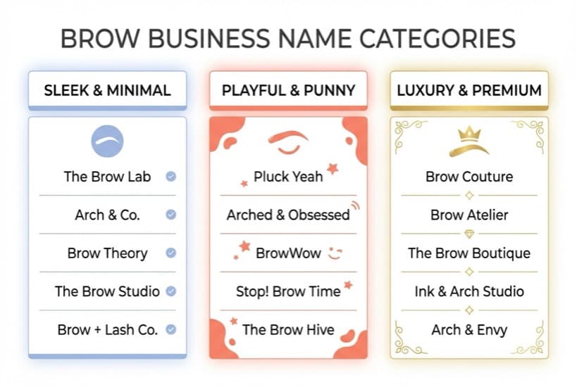 Infographic showing three categories of brow business names — Sleek and Minimal, Playful and Punny, and Luxury and Premium — with five name examples in each category