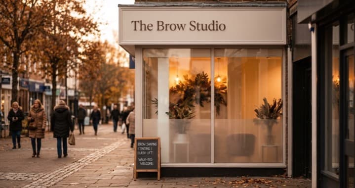 A modern brow bar storefront with clean minimalist signage, warm lighting, and elegant window display showing brow treatment services