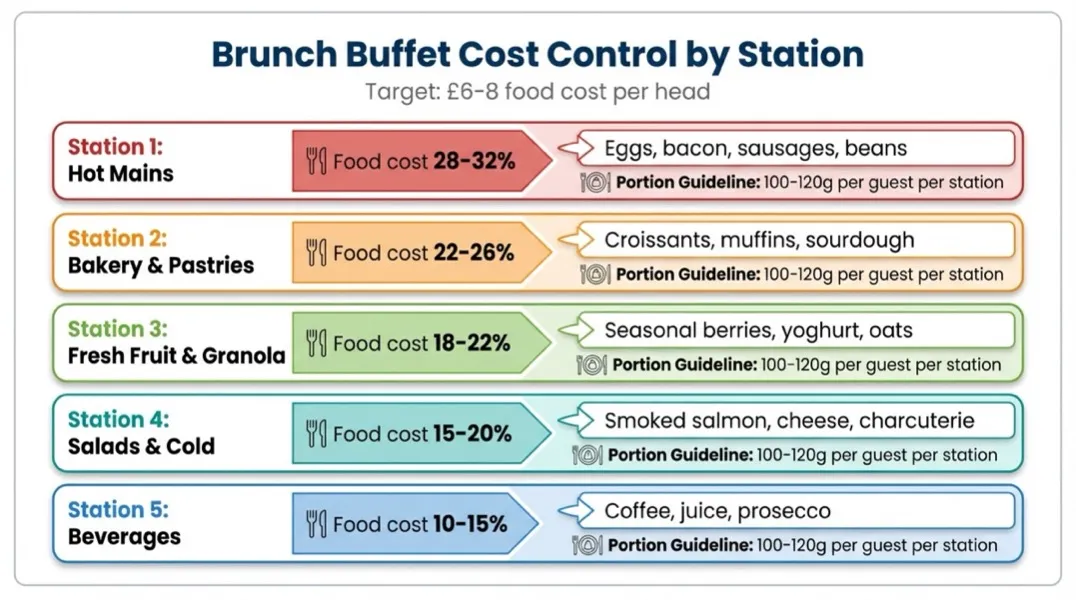 Diagram showing brunch buffet menu ideas cost breakdown across five stations with portion guidelines