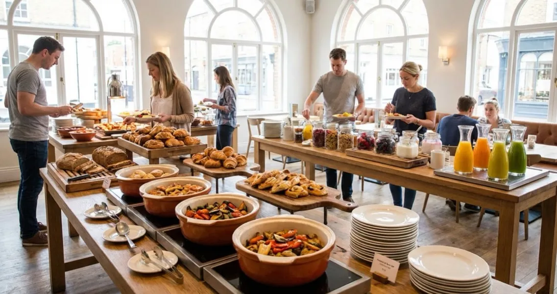 Brunch buffet menu ideas spread across multiple stations in a bright UK restaurant