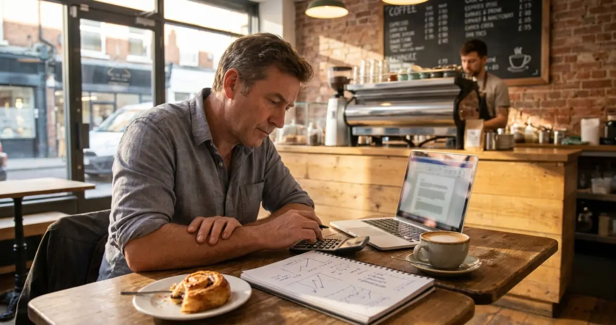 Business plan coffee shop — UK cafe owner writing a business plan on a laptop with handwritten notes and coffee on the table
