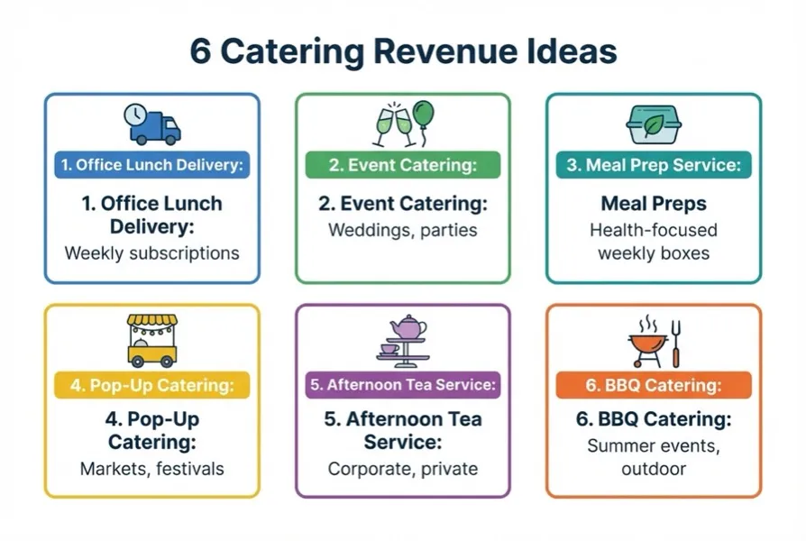 Comparison chart of 12 catering business ideas showing startup cost, revenue potential, and best fit