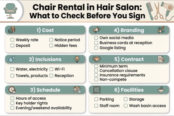 Infographic showing a checklist of what to check before signing a chair rental agreement in a hair salon