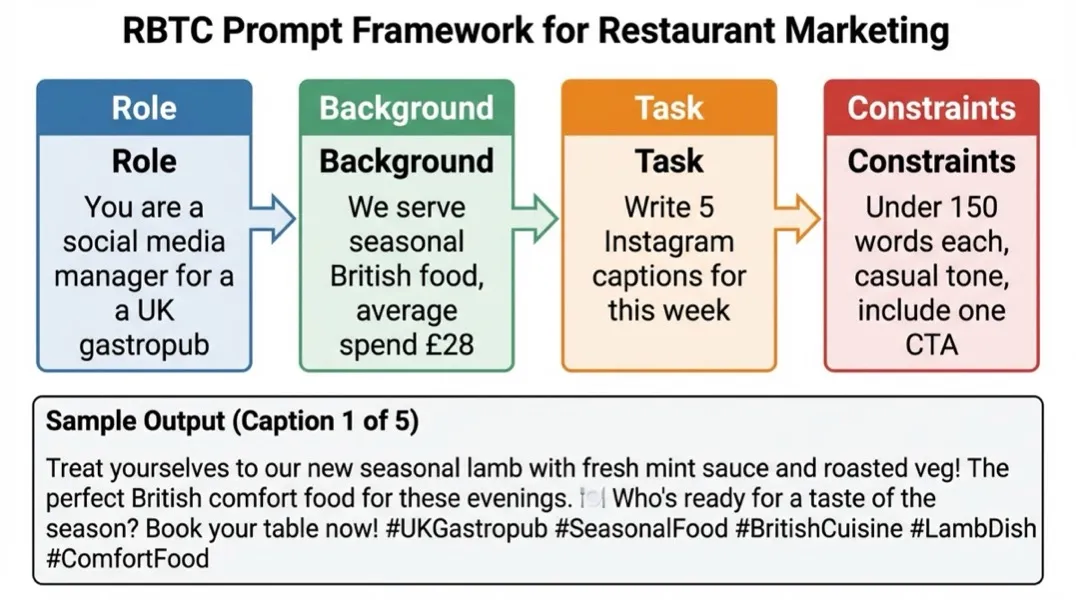 Diagram of the RBTC prompt framework for ChatGPT restaurant marketing showing Role, Background, Task and Constraints with practical examples