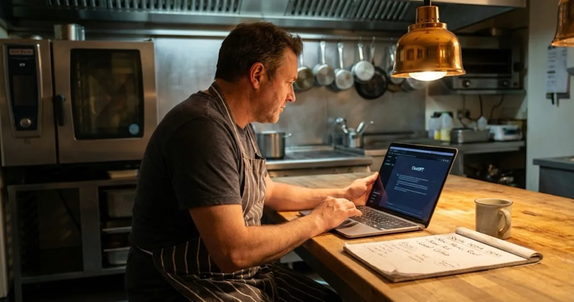 UK restaurant owner using ChatGPT on a laptop to draft social media captions and email campaigns