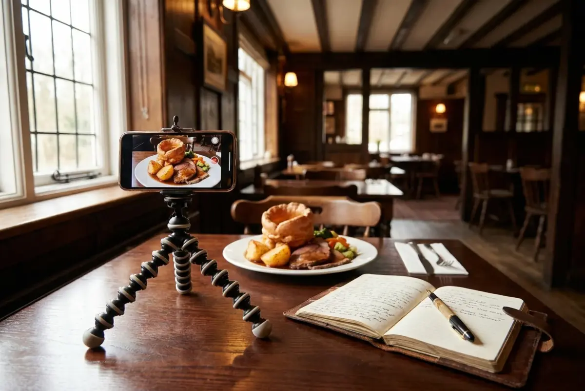 A week of restaurant social posts in one sitting: phone on a tripod photographing a plated Sunday roast in a pub dining room, caption drafts in a notebook beside it.