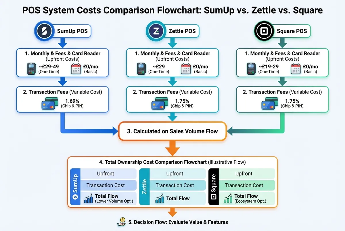 Diagram comparing cheap restaurant POS system costs for SumUp Zettle and Square