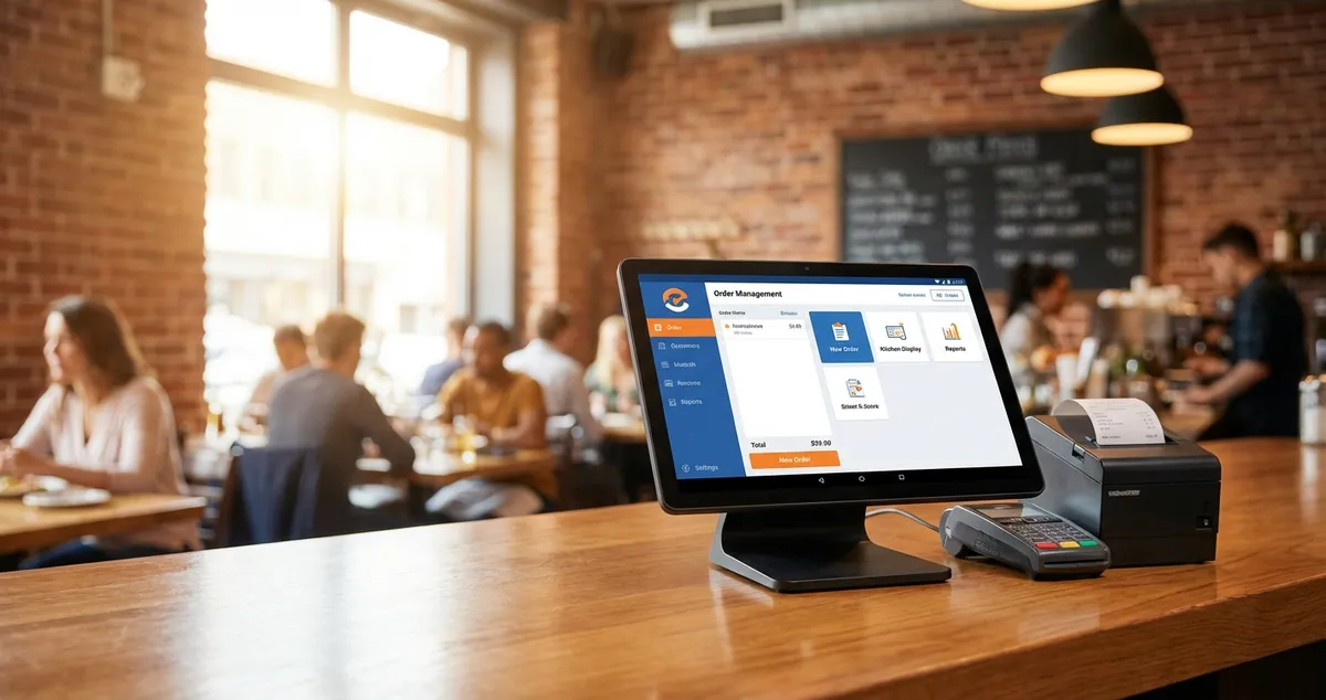 Cheap restaurant POS system tablet on a counter showing affordable order management