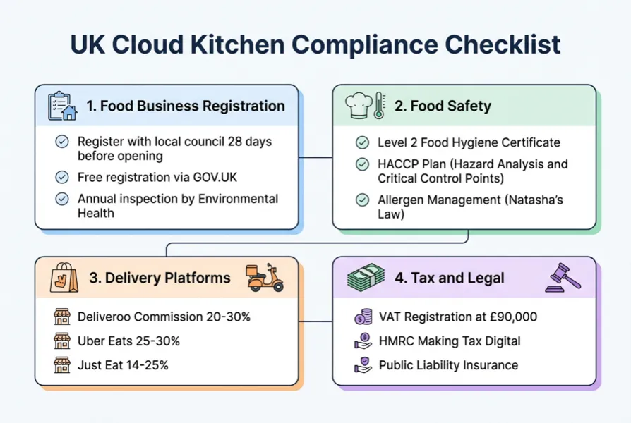 Comparison diagram showing Deliveroo, Uber Eats and Just Eat commission rates and features for UK cloud kitchens