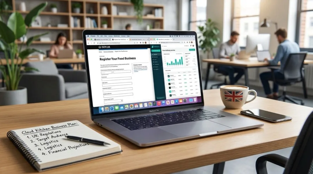 Professional cloud kitchen workspace in the UK with stainless steel equipment and delivery packaging