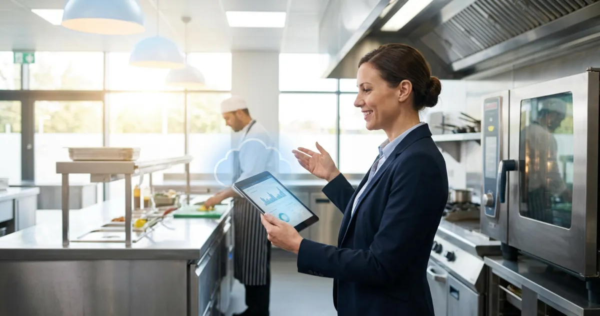 Cloud restaurant management dashboard displayed on a tablet in a UK restaurant kitchen