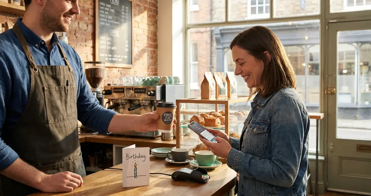 UK independent coffee shop barista handing a free birthday drink to a smiling customer