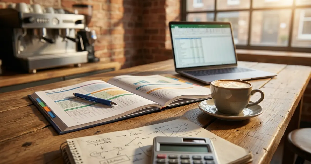 Coffee shop business plan example — printed plan document on a wooden table next to a coffee, pen and laptop in a UK cafe setting