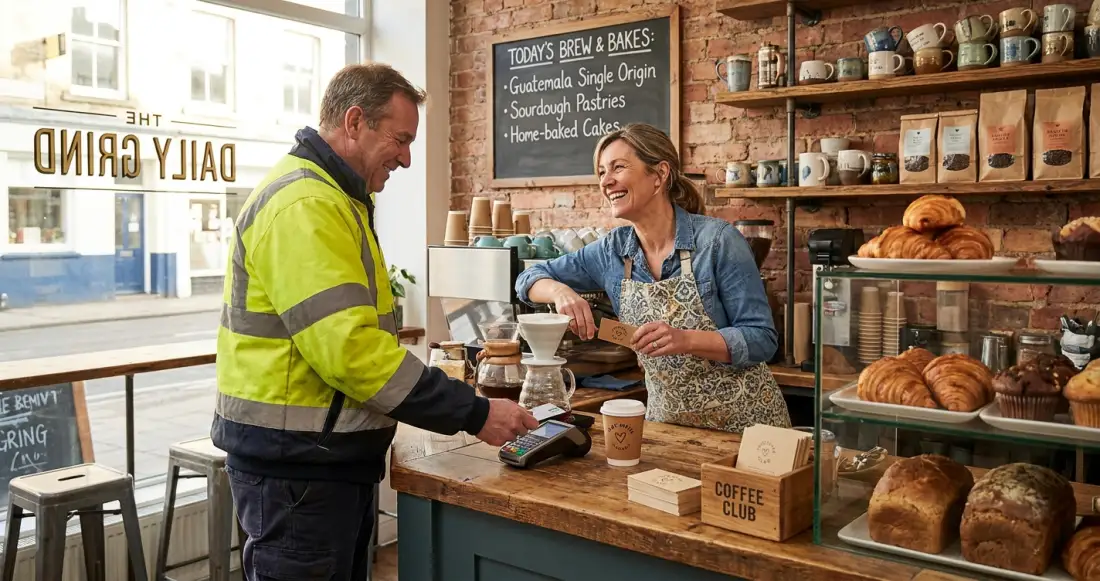 UK independent coffee shop owner greeting a regular by name