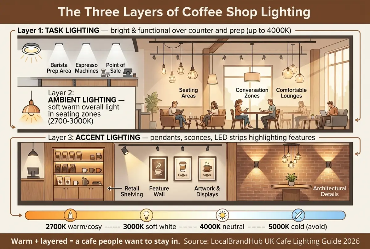 Coffee shop lighting ideas diagram — the three lighting layers of a cafe from bright task light at the counter to warm ambient light in seating