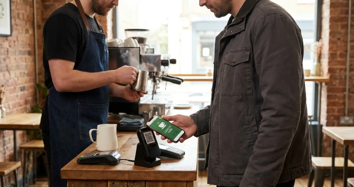 UK independent coffee shop customer scanning a loyalty app QR code at the till