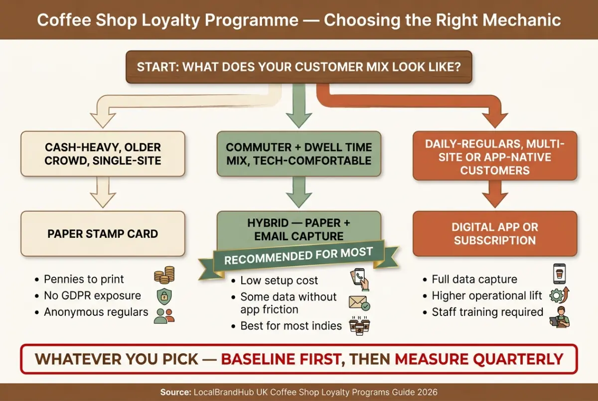 Coffee shop loyalty programme decision flow — paper vs digital vs hybrid