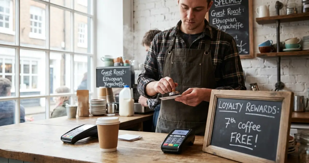 UK independent coffee shop barista stamping a loyalty card at the counter
