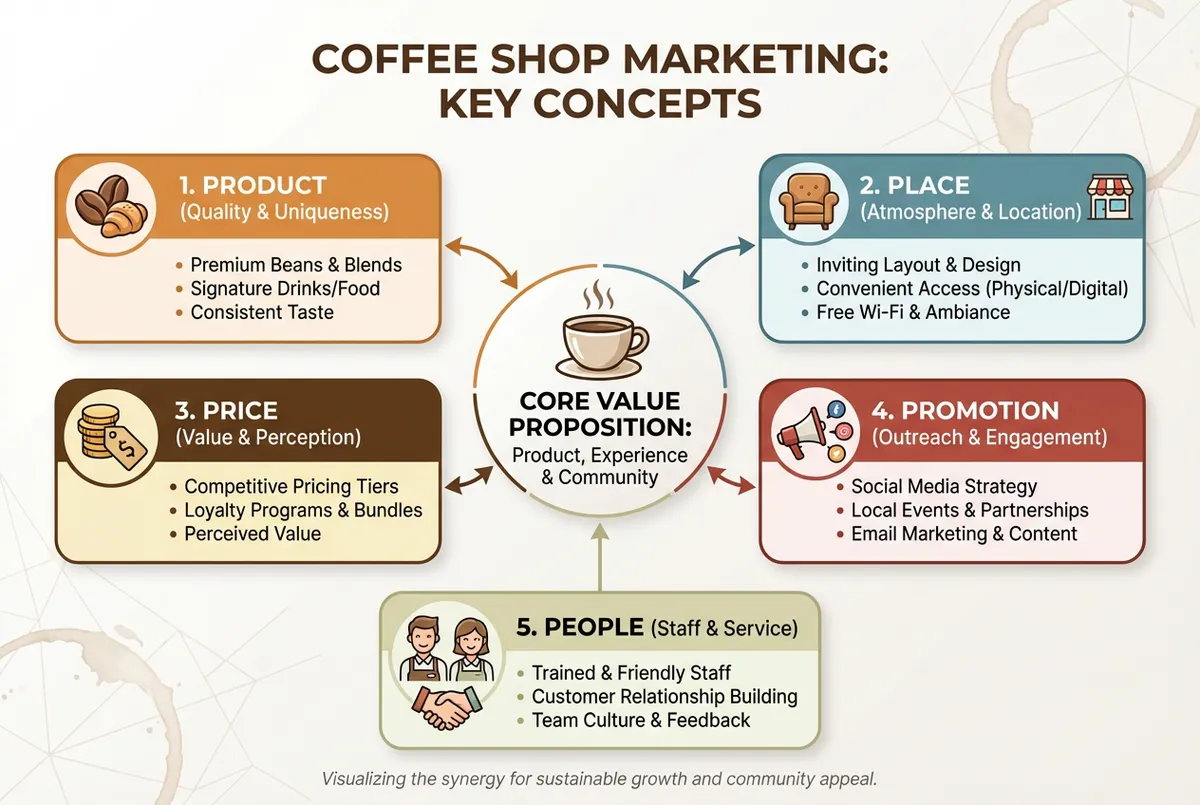 Diagram showing the coffee shop marketing funnel from awareness through loyalty