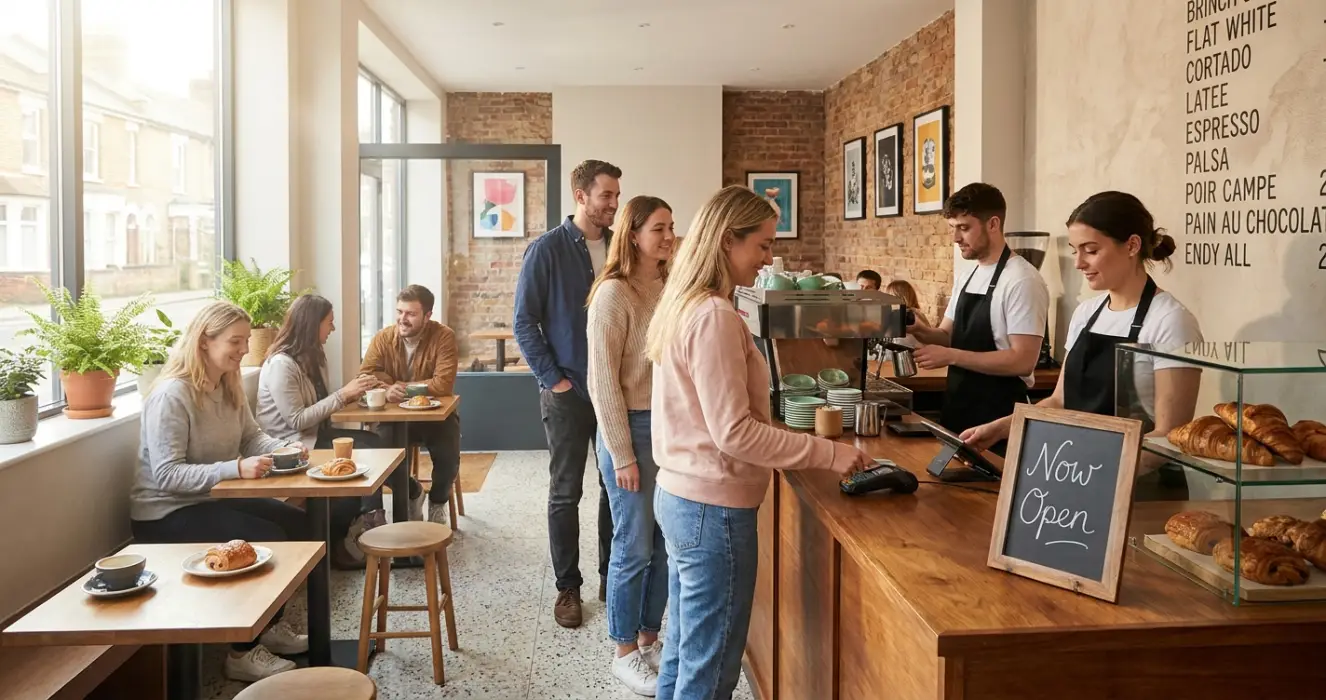Coffee shop opening — independent UK cafe with a queue at the counter on launch day, baristas pulling shots