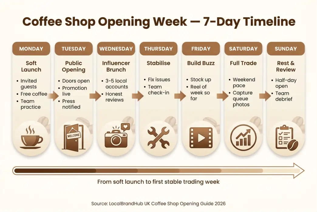 Coffee shop opening week — 7-day timeline showing soft launch on Monday, full opening Tuesday, influencer brunch Wednesday, regular trade by weekend