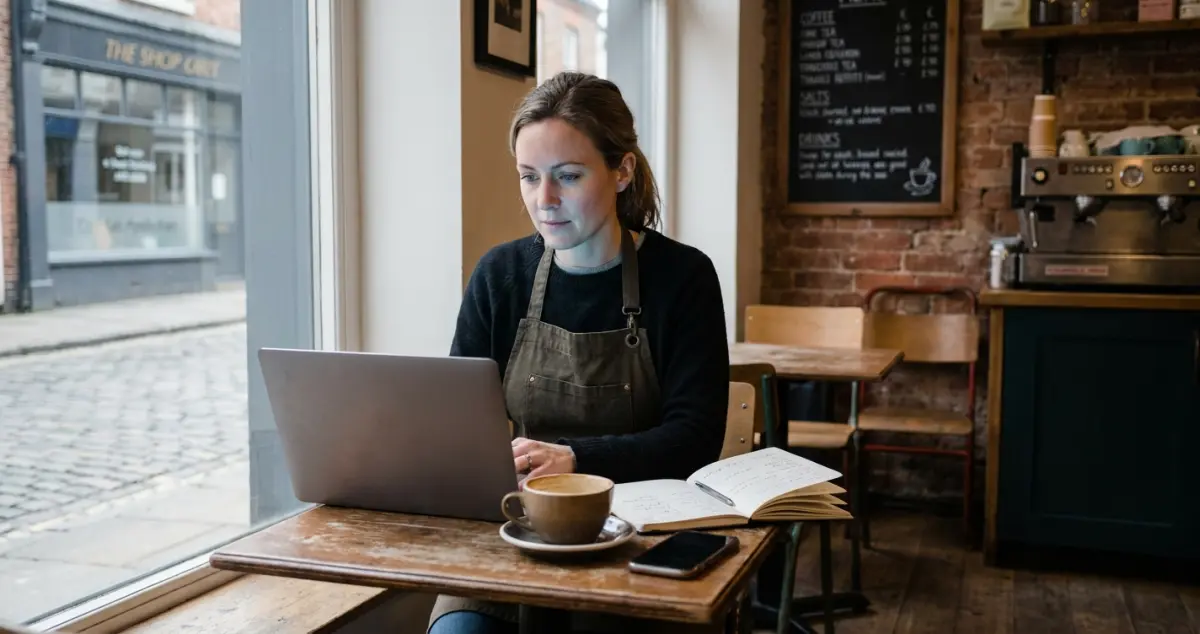 UK independent coffee shop manager checking phone notifications about lapsed customers