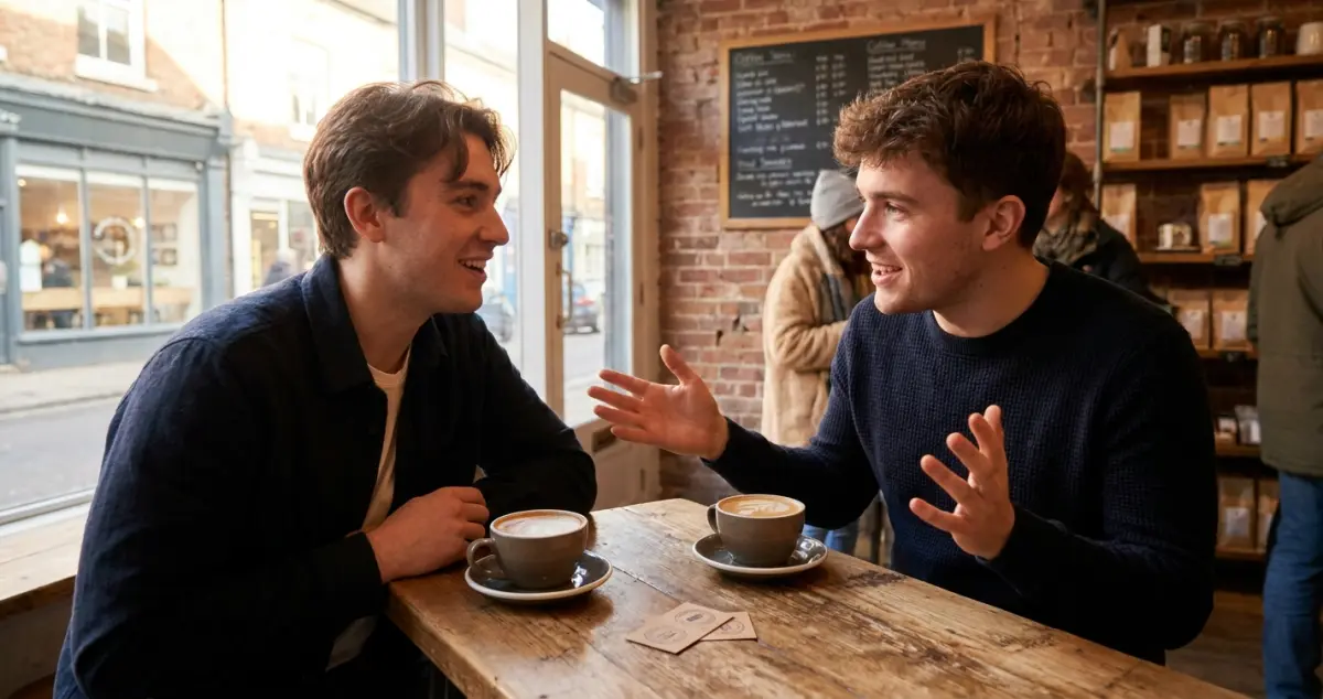 Two friends sharing a coffee in a UK independent cafe
