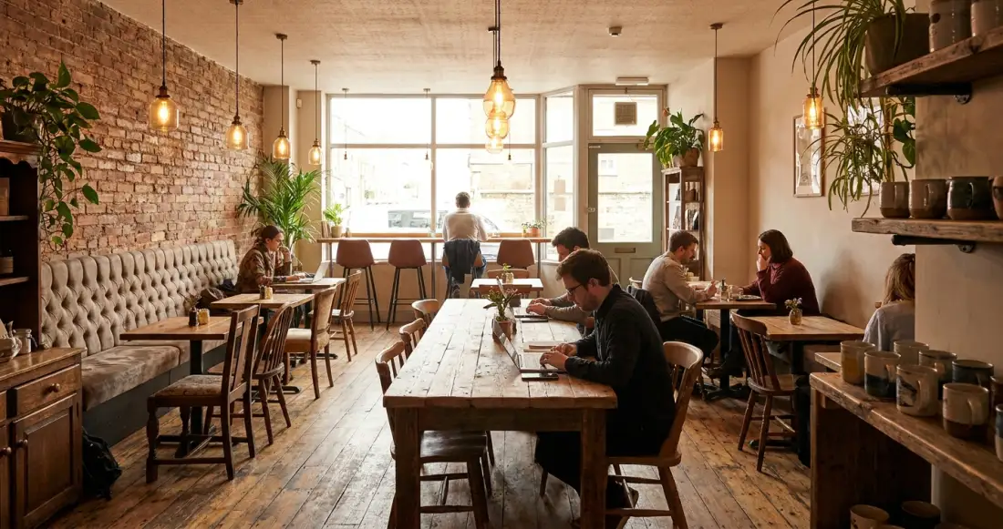 Coffee shop seating ideas — a UK cafe with a mix of wall benches, two-tops, window stools and a communal table