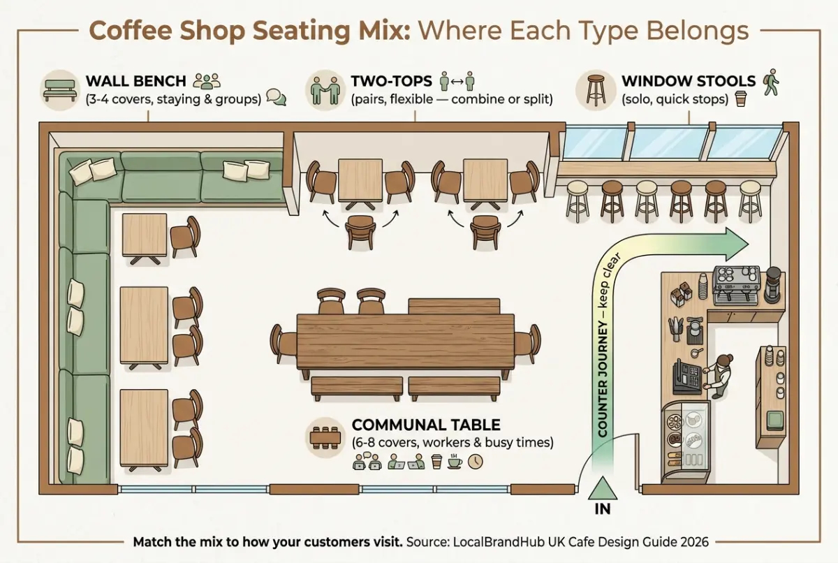 Coffee shop seating ideas diagram — a cafe floor plan showing where wall benches, two-tops, window stools and a communal table belong