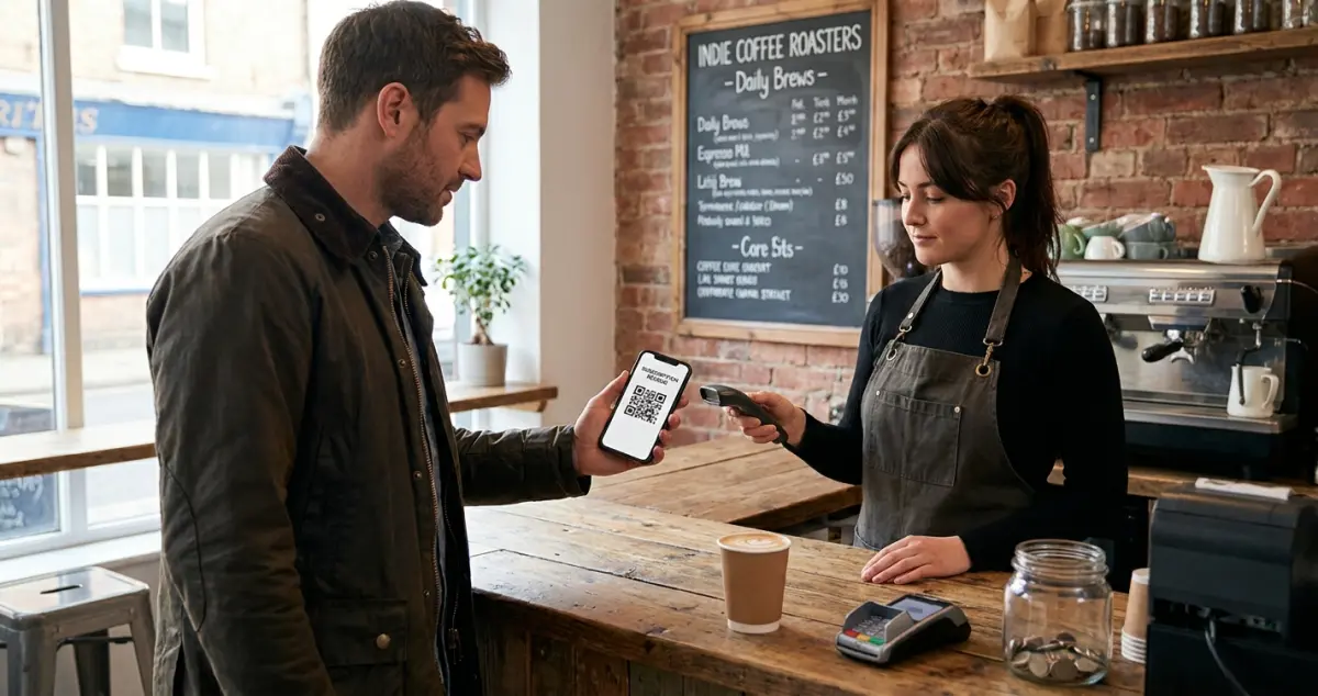 UK independent coffee shop customer collecting a subscription drink from a barista