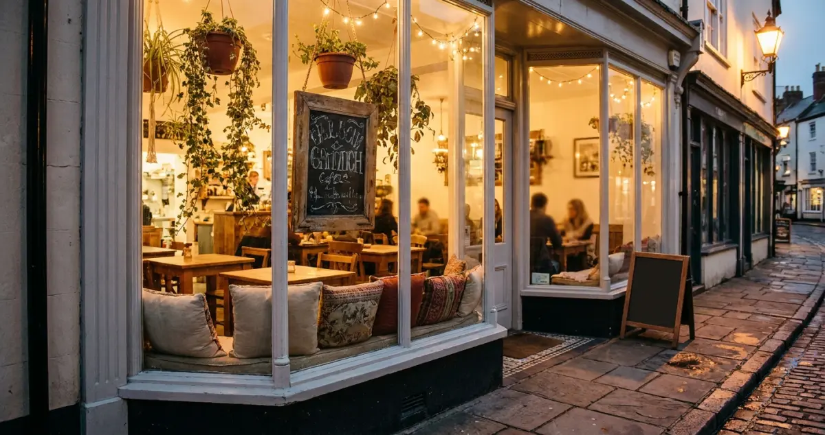 Coffee shop window display ideas — an inviting UK cafe window with a warm window seat, plants, hand-lettered signage and seasonal touches
