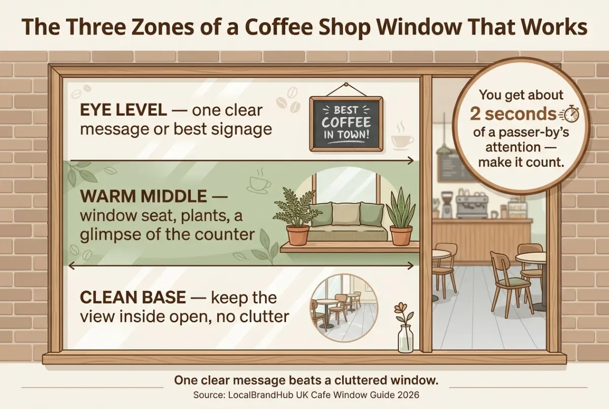 Coffee shop window display ideas diagram — the three zones of an effective cafe window from eye-level signage to a warm window seat