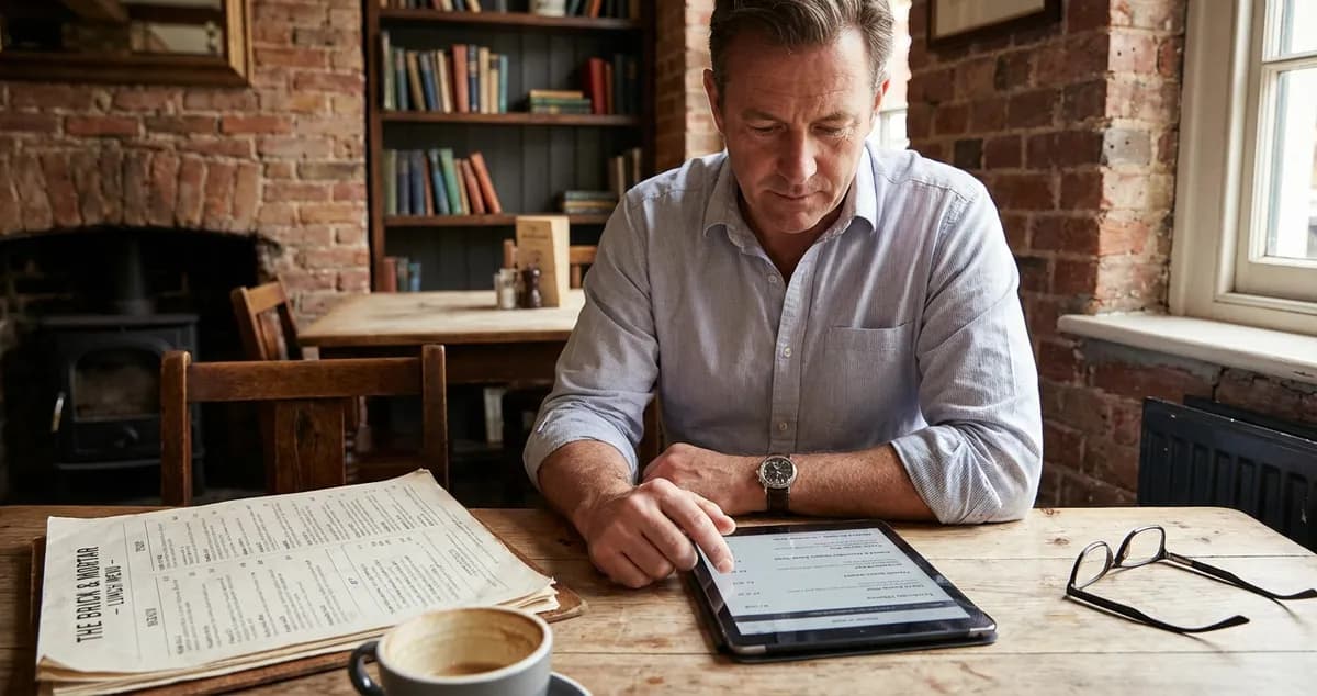 Restaurant owner reviewing competitor menu prices on a tablet