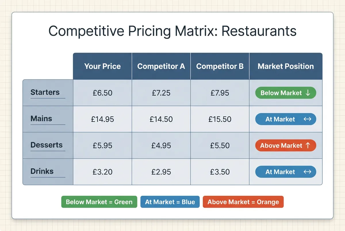 Diagram showing a competitive pricing matrix comparing menu categories, price points, and value positioning across local restaurant competitors