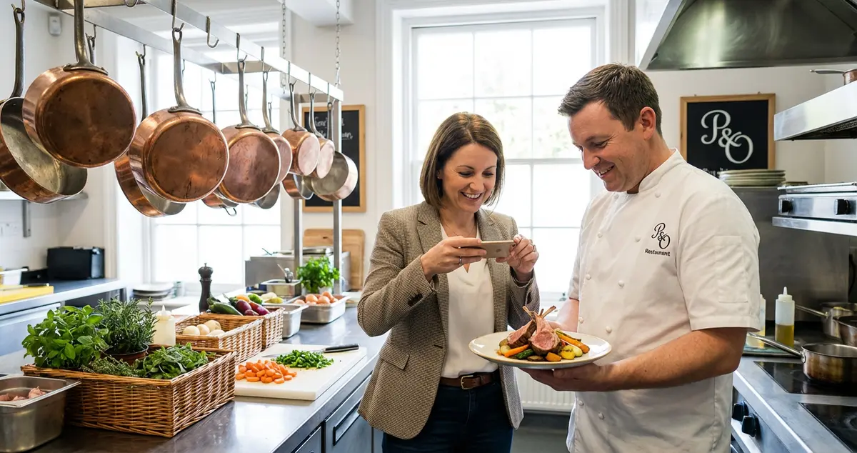 Chef preparing dishes in a restaurant kitchen showcasing authentic content marketing