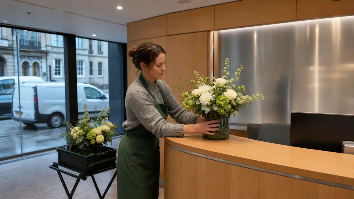 Corporate florist in a green apron setting a low vase of white and green stems onto an office reception counter