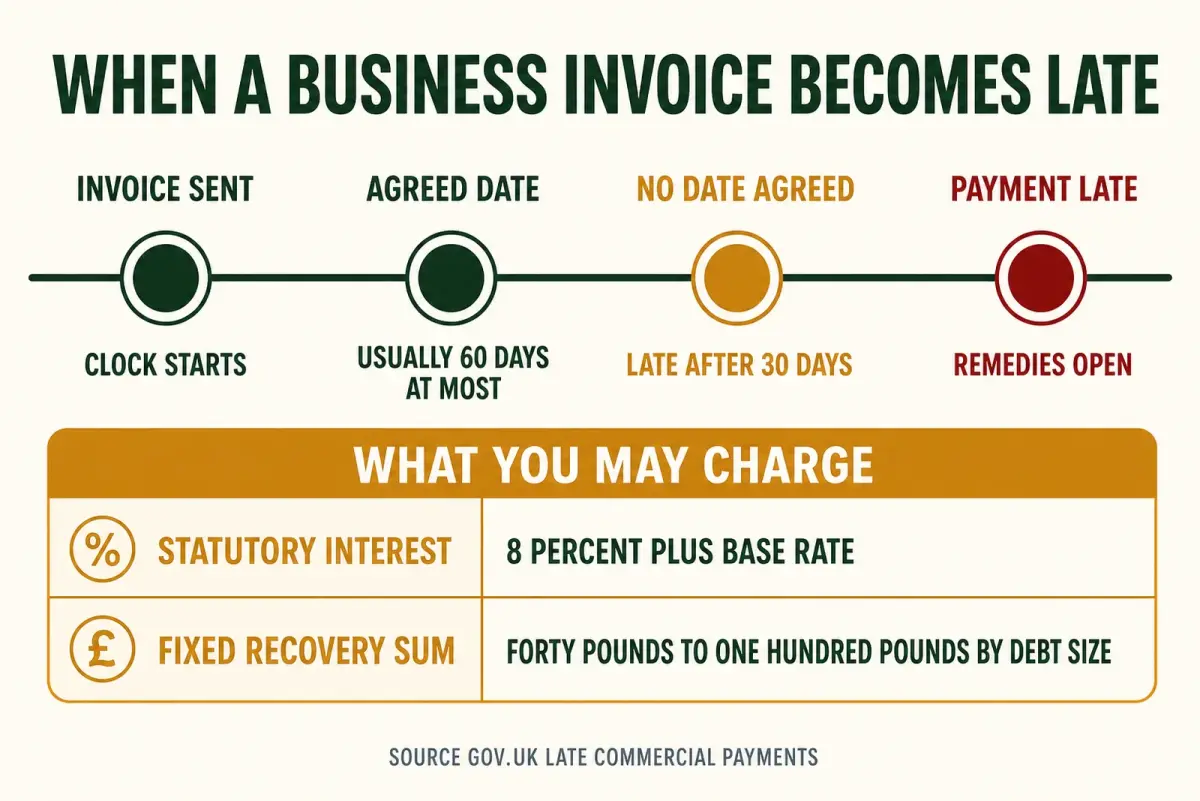 Timeline diagram showing an invoice sent, an agreed payment date, a fallback of overdue after 30 days, and the interest and fixed recovery charges that then apply