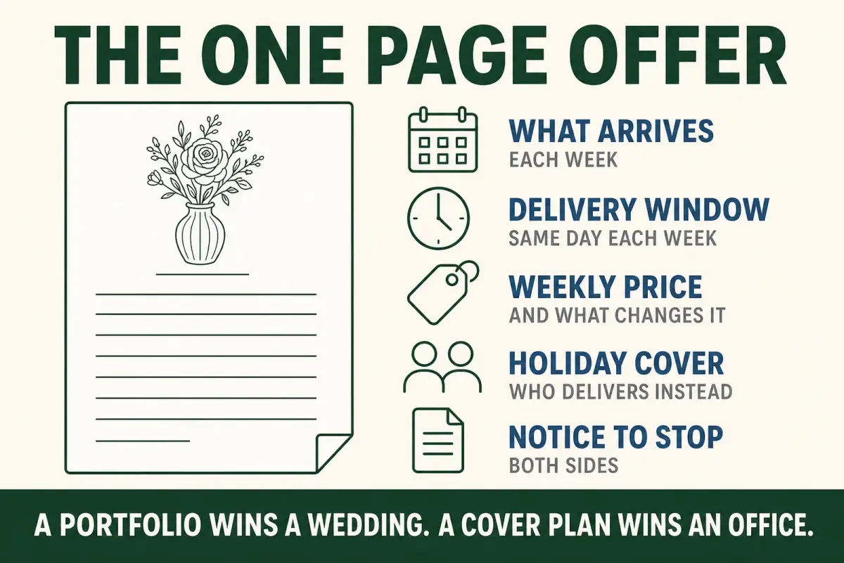 Diagram of the one page supply offer a florist takes to a business buyer, listing what arrives, the delivery window, the weekly price, holiday cover and notice to stop