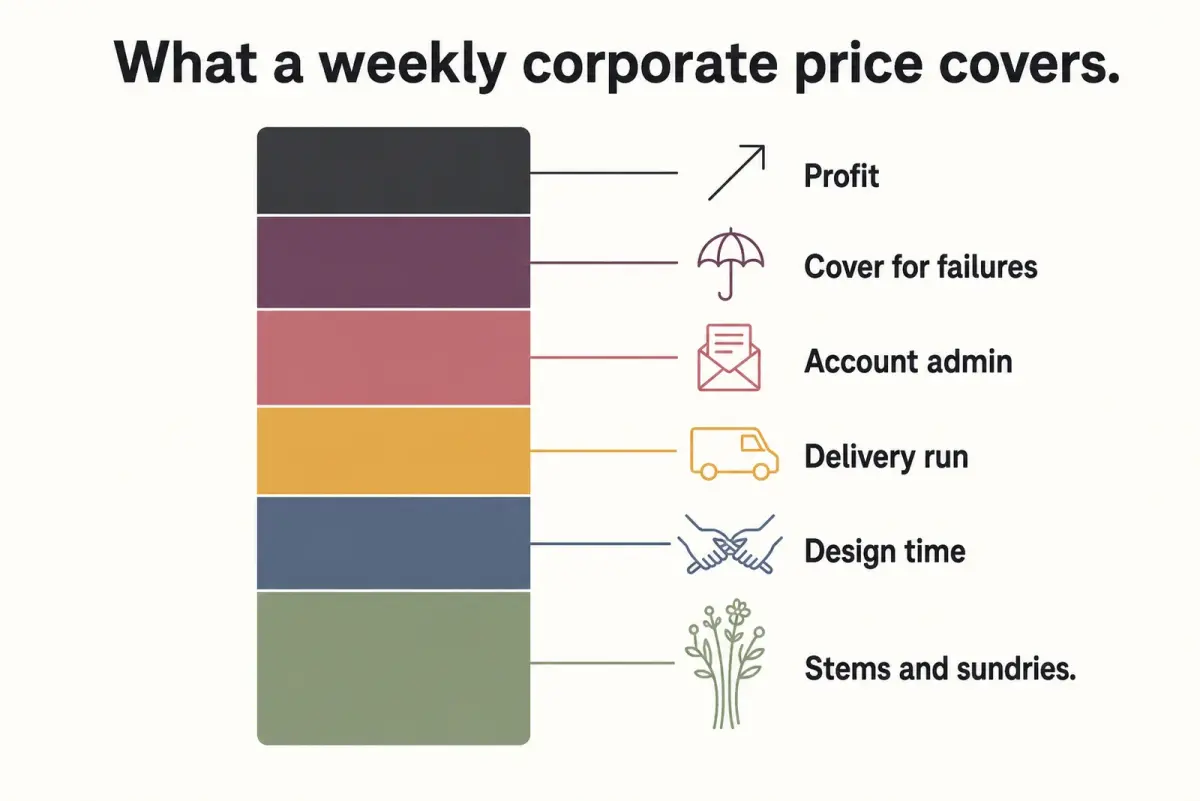 Diagram of a stacked bar showing the six things a weekly corporate flower price covers, from stems and sundries at the base up to profit at the top